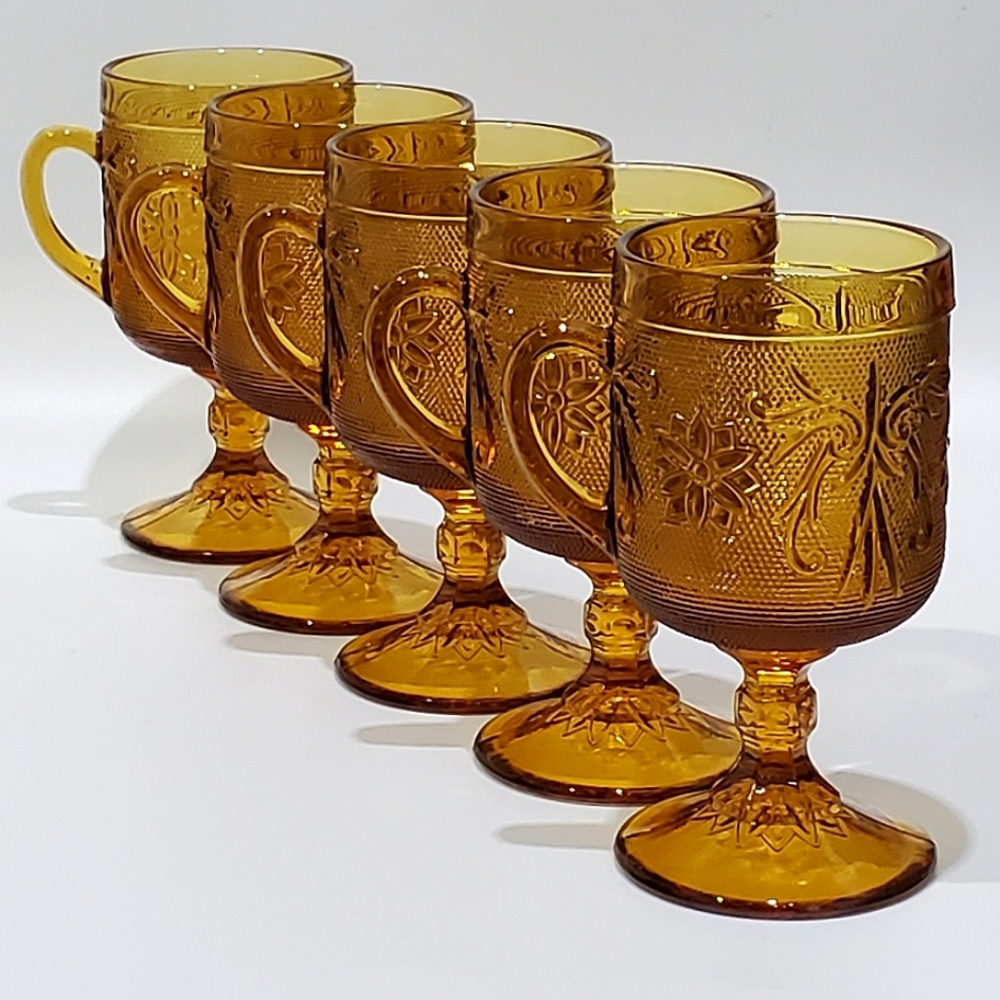 (5pc)Vntg Tiara Sandwich Amber Tall 8.5oz Handled Glass Mugs Coffee Coco Tea